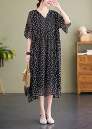 Italian Black V Neck Print Wrinkled Patchwork Chiffon Dress Summer