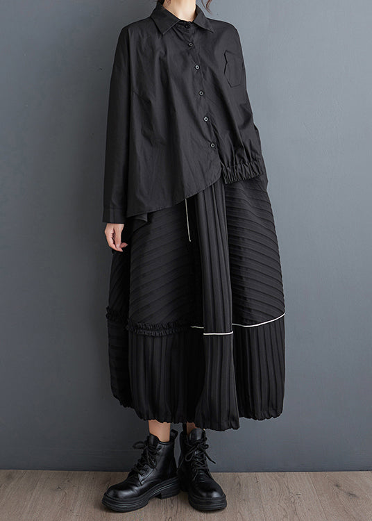 Italian Black Wrinkled Pockets Patchwork Patchwork Cotton Skirt Fall