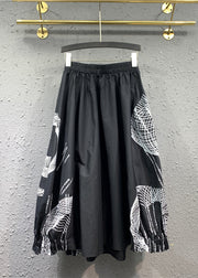 Italian Black Wrinkled Print Patchwork Cotton Skirts Fall