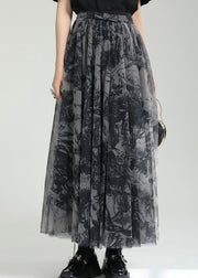 Italian Black Wrinkled Print Patchwork Tulle Skirts Summer