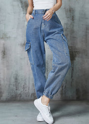 Italian Blue Elastic Waist Pockets Denim Pants Spring