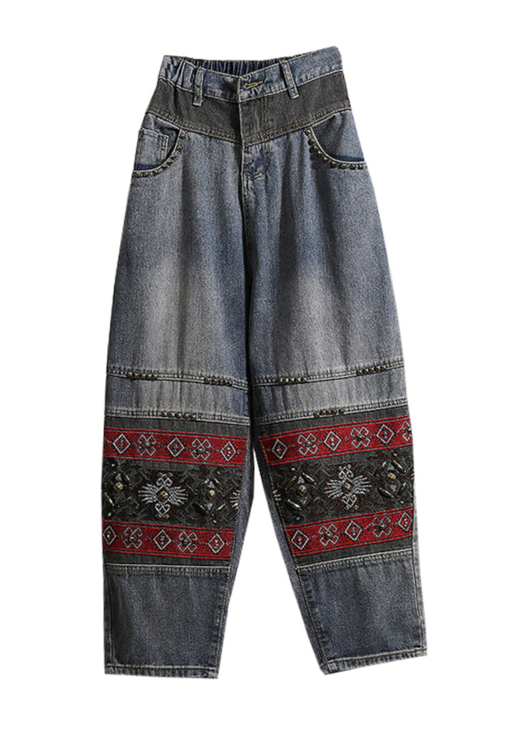 Italian Blue Embroidered Pockets Patchwork Denim Pants Spring