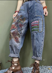 Italian Blue Embroidered Zircon Nail Bead Denim Pants Spring