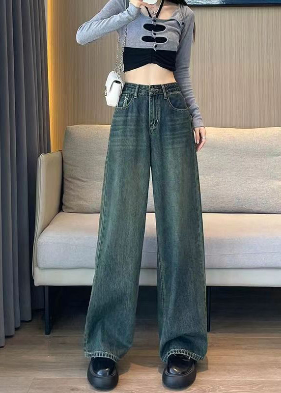 Italian Blue High Waist Edge Curl Denim Wide Leg Pants Spring