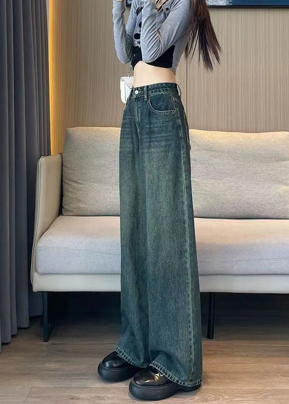 Italian Blue High Waist Edge Curl Denim Wide Leg Pants Spring