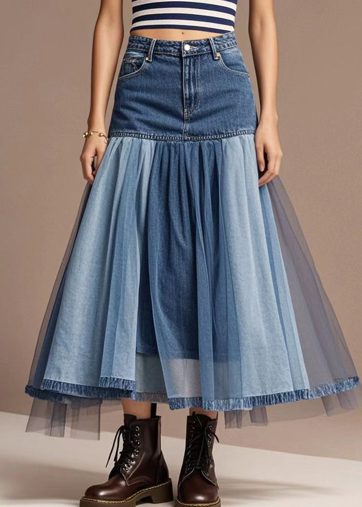 Italian Blue High Waist Patchwork Denim Skirts Fall