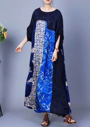 Italian Blue O Neck Print Patchwork Silk Long Dresses Summer