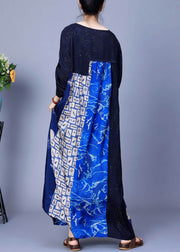 Italian Blue O Neck Print Patchwork Silk Long Dresses Summer