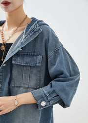 Italian Blue Oversized Hooded Pockets Denim Coats Fall