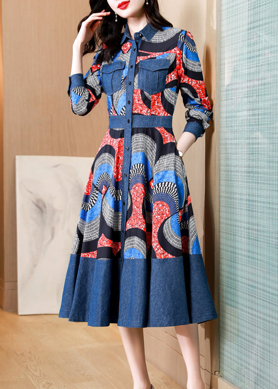 Italian Blue Peter Pan Collar Print Patchwork Denim Dress Fall