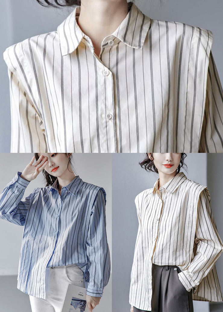 Italian Blue Peter Pan Collar Striped Cotton Shirt Tops Long Sleeve