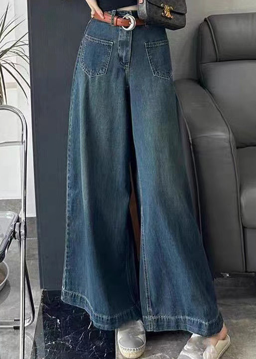 Italian Blue Pockets High Waist Denim Wide Leg Pants Spring