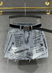 Italian Blue Pockets Letter Print Patchwork Denim Skirt Fall