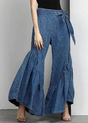 Italian Blue Ruffled Bow Waist Patchwork Denim Pants Summer