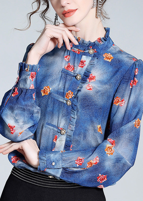 Italian Blue Ruffled Print Button Silk Shirt Long Sleeve