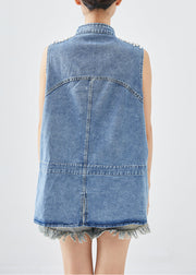 Italian Blue Stand Collar Nail Bead Denim Vests Fall