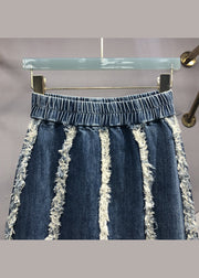 Italian Blue Tasseled Elastic Waist Patchwork Denim Skirts Fall