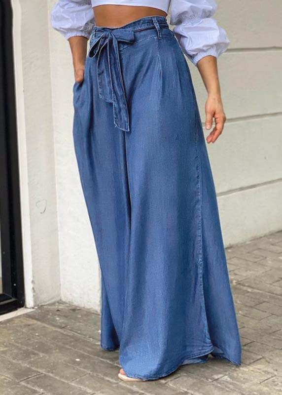 Italian Blue Tie Waist Oversized Denim Wide Leg Pants Trousers Summer