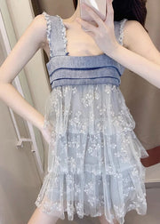 Italian Blue Tulle Patchwork Mid Dress Sleeveless