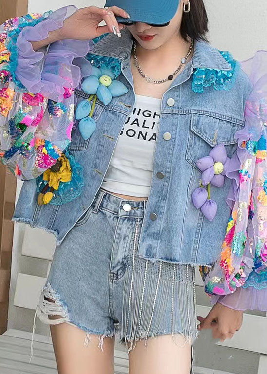 Italian Blue Tulle Ruffled Sequins Floral Decorated Patchwork Denim Coat Spring