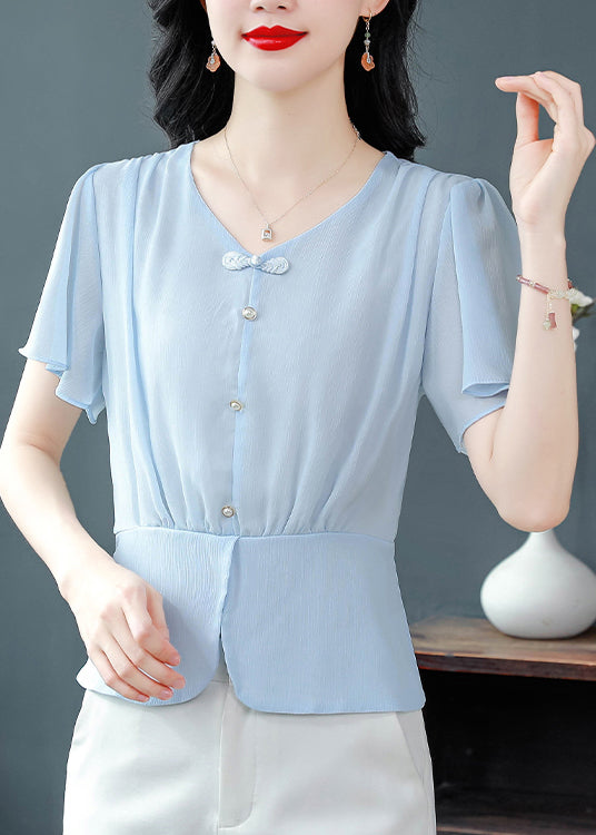 Italian Blue V Neck Button Chiffon Blouses Summer