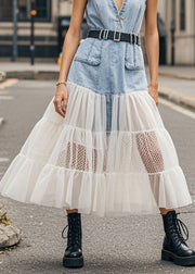 Italian Blue V Neck Patchwork Denim Cinched Dresses Sleeveless