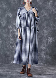 Italian Blue V Neck Patchwork Plaid Cotton Long Dress Summer