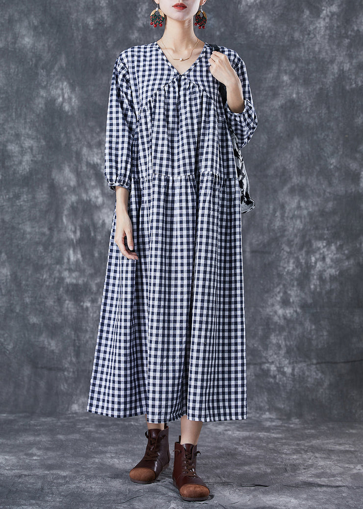 Italian Blue V Neck Patchwork Plaid Cotton Long Dress Summer