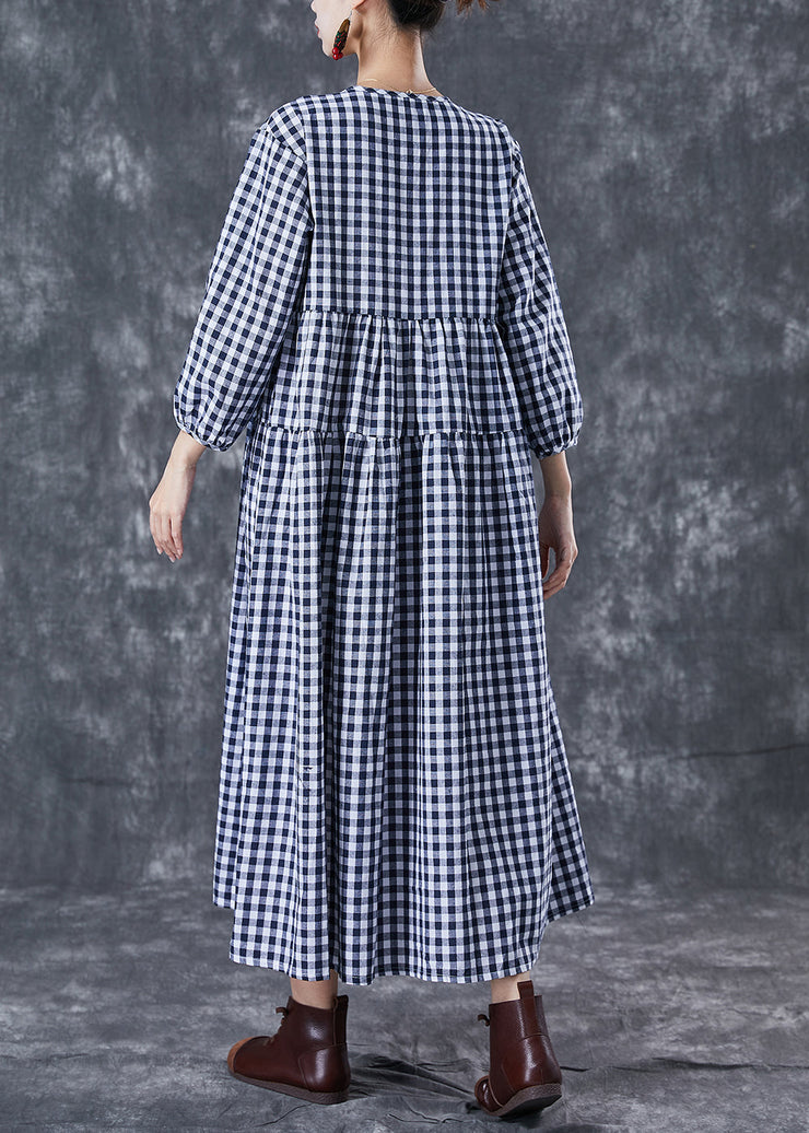 Italian Blue V Neck Patchwork Plaid Cotton Long Dress Summer