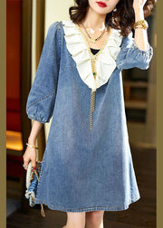 Italian Blue V Neck Ruffled Patchwork Denim Dress Bracelet Sleeve