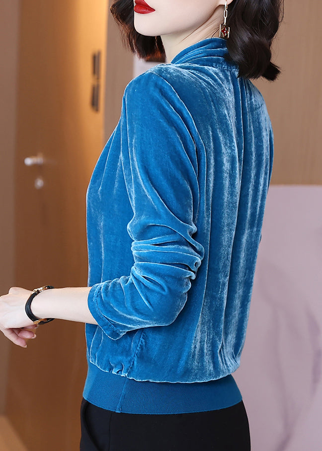 Italian Blue V Neck Wrinkled Patchwork Velour Shirts Fall