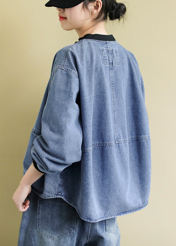 Italian Blue Zip Up Pockets Patchwork Denim Coats Fall