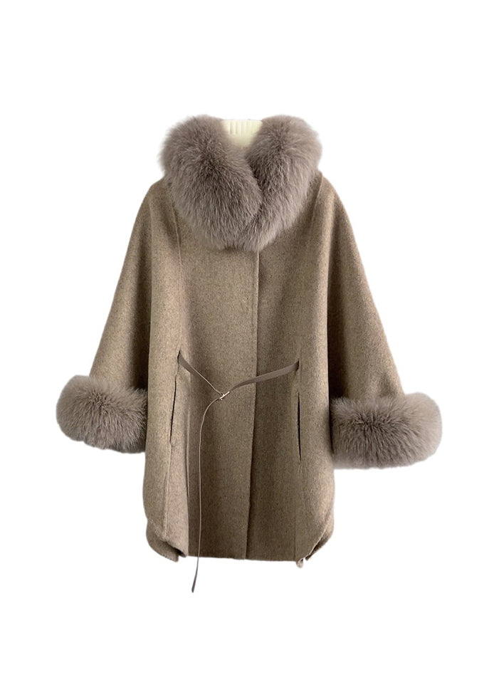 Italian Brown Pockets Fur Collar Tie Waist Woolen Coats Winter