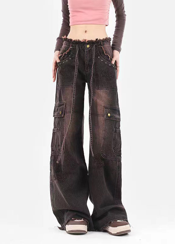 Italian Brown Pockets Patchwork Denim Straight Pants Spring