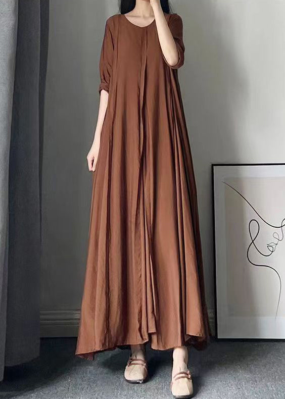 Italian Caramel O Neck Wrinkled Patchwork Cotton Long Dress Fall