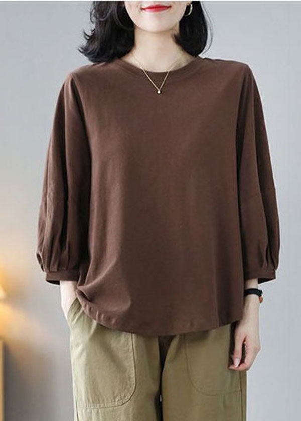 Italian Coffee O-Neck Oversized Cotton Blouse Top Bracelet Sleeve