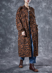 Italian Coffee Oversized Leopard Print Pockets Cotton Trench Coat Spring