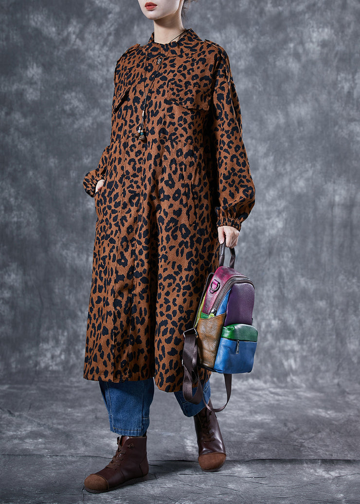 Italian Coffee Oversized Leopard Print Pockets Cotton Trench Coat Spring