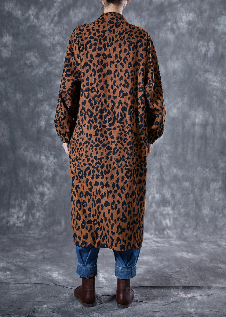 Italian Coffee Oversized Leopard Print Pockets Cotton Trench Coat Spring