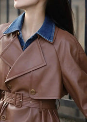 Italian Coffee Peter Pan Collar Tie Waist Faux Leather Coats Fall