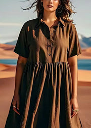 Italian Coffee Peter Pan Collar Wrinkled Linen Dresses Summer