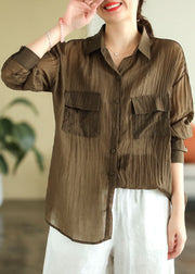 Italian Coffee Peter Pan Collar Wrinkled Patchwork Linen Shirt Top Spring