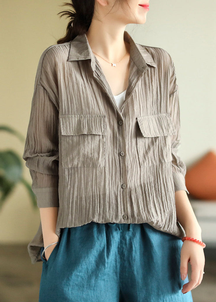 Italian Coffee Peter Pan Collar Wrinkled Patchwork Linen Shirt Top Spring