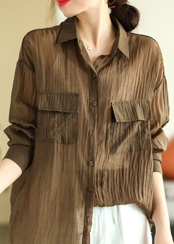 Italian Coffee Peter Pan Collar Wrinkled Patchwork Linen Shirt Top Spring