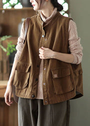 Italian Chocolate Stand Collar Oversized Pockets Cotton Vest Sleeveless