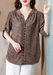 Italian Coffee V Neck Print Button Silk Shirt Half Sleeve