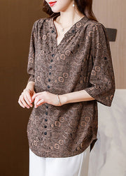 Italian Coffee V Neck Print Button Silk Shirt Half Sleeve