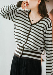 Italian Chocolate V Neck Striped Wool Knitted Tops Fall