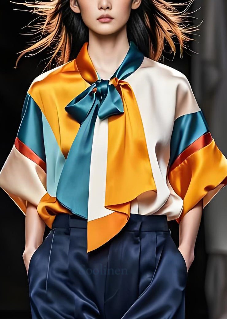 Italian Colorblock Bow Patchwork Silk Blouse Top Summer