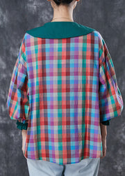 Italian Colorblock Peter Pan Collar Plaid Cotton Shirt Tops Spring